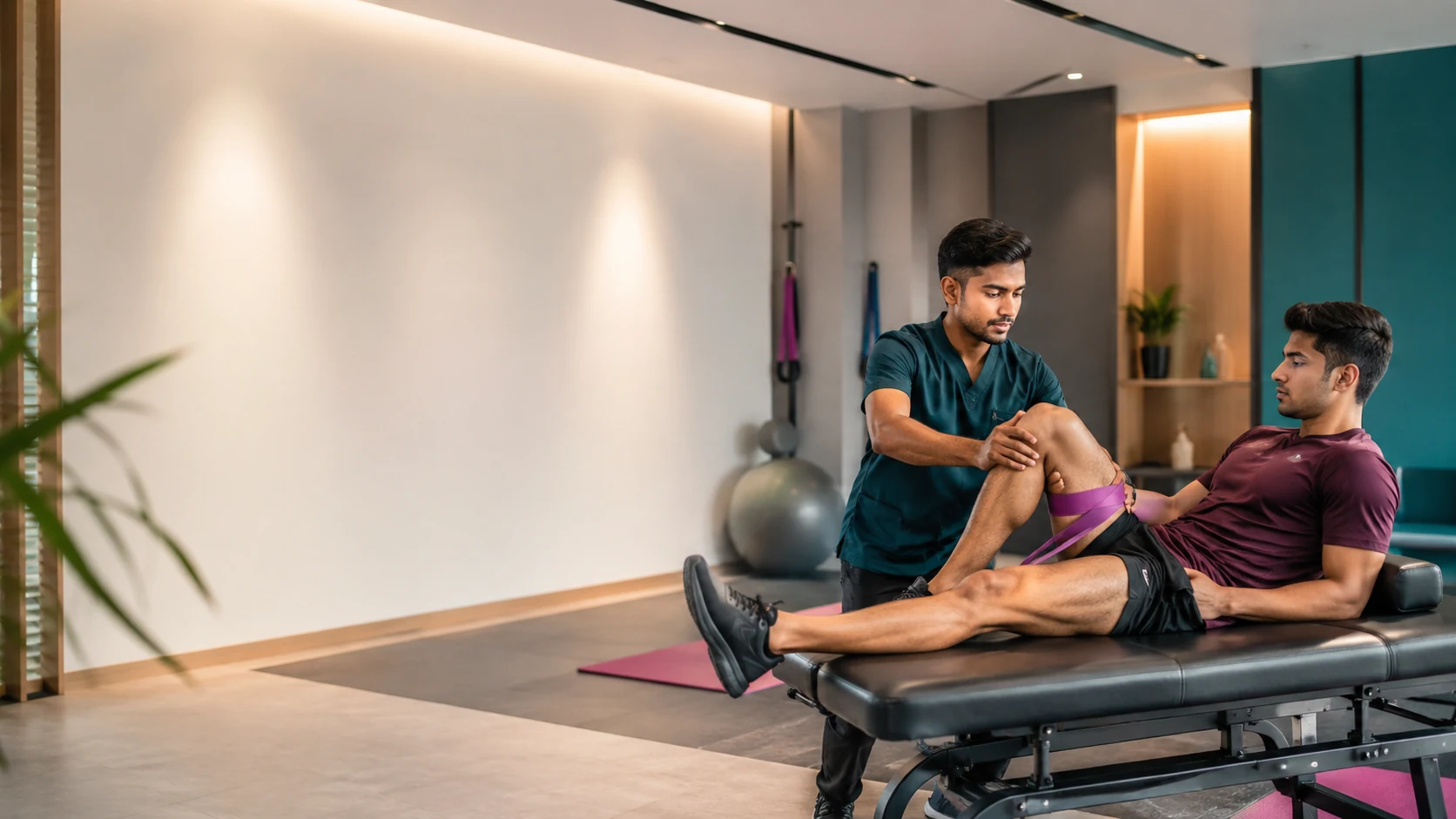 Physiotherapist guiding a patient through knee and sports rehabilitation