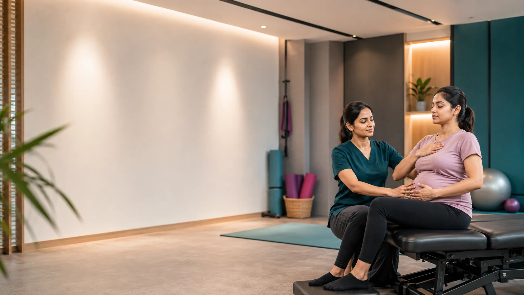 Female physiotherapist guiding a women’s health and pregnancy rehabilitation session